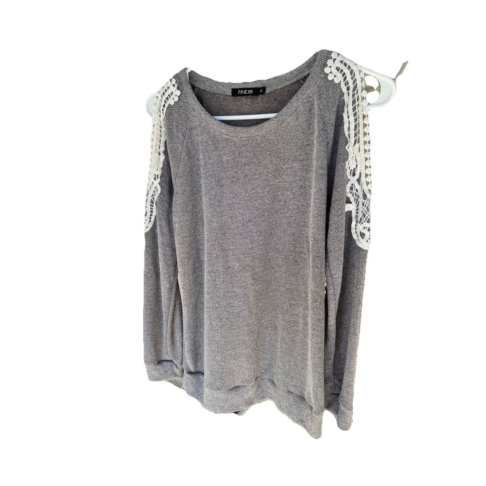 Finejo Women's Gray Lace Split Shoulder Long Sleeve Size Small Top, Shirt